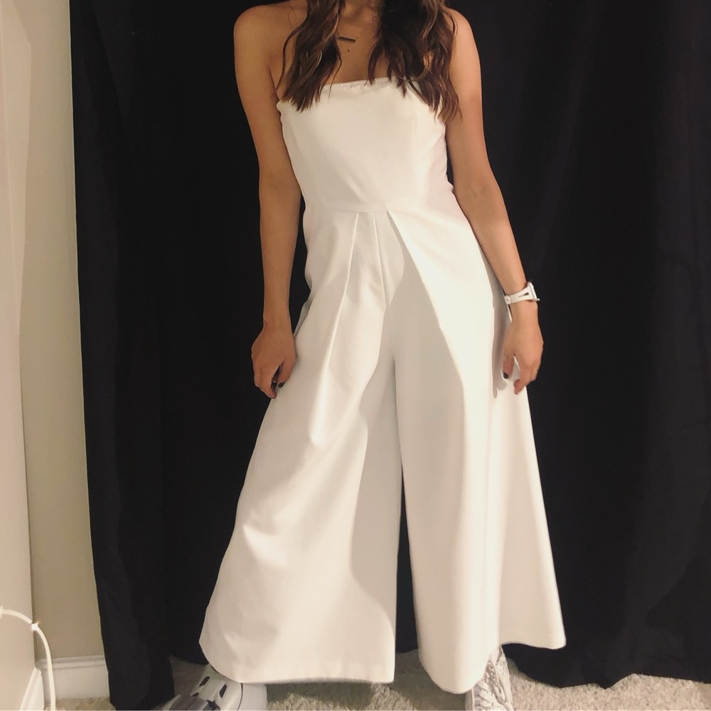 Few Moda White Strapless Flare Leg Jumpsuit | size S
